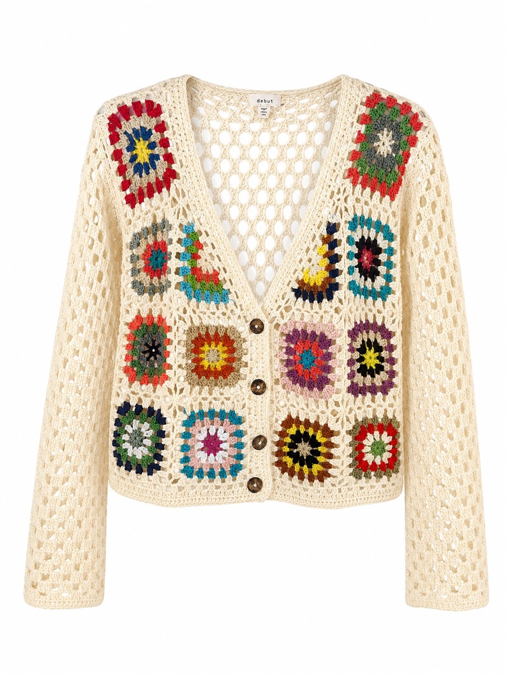 Debut Crochet Granny Square Cardigan Cream Multicolor Boho Size M NWOT